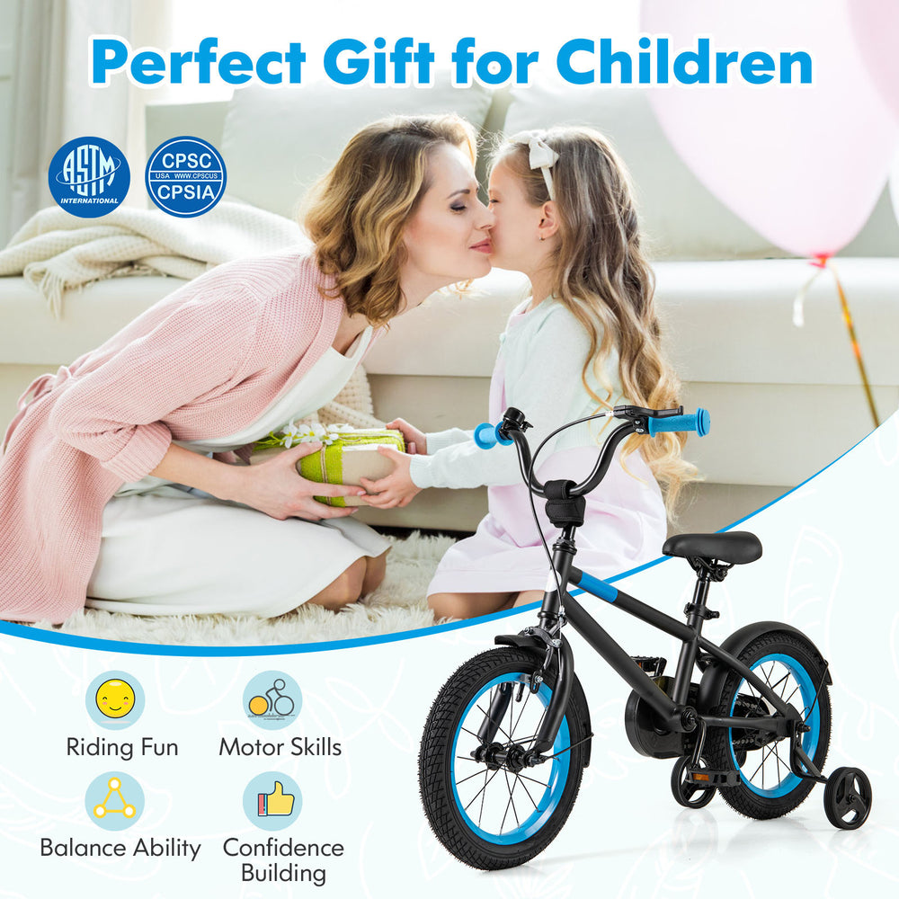Kids bike with adjustable handlebar and saddle, black, featuring training wheels for balance and safety for ages 3 to 8.