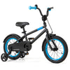 Kids bike with adjustable handlebar and saddle, 14 inches, in black with blue accents, featuring removable training.