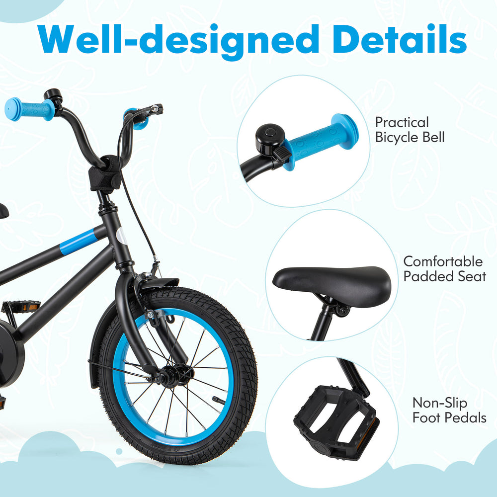 Kids bike with adjustable handlebar and saddle, featuring a comfortable padded seat and non-slip foot pedals for safety.
