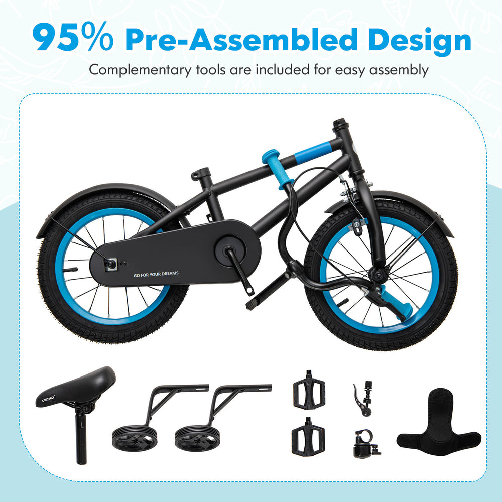 Kids bike with adjustable handlebar and saddle, 14 inches, featuring removable training wheels and a safe dual brake.