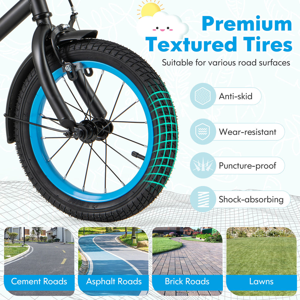 Premium textured tires on a kids bike, designed for anti-skid, wear-resistance, and puncture-proof performance on.