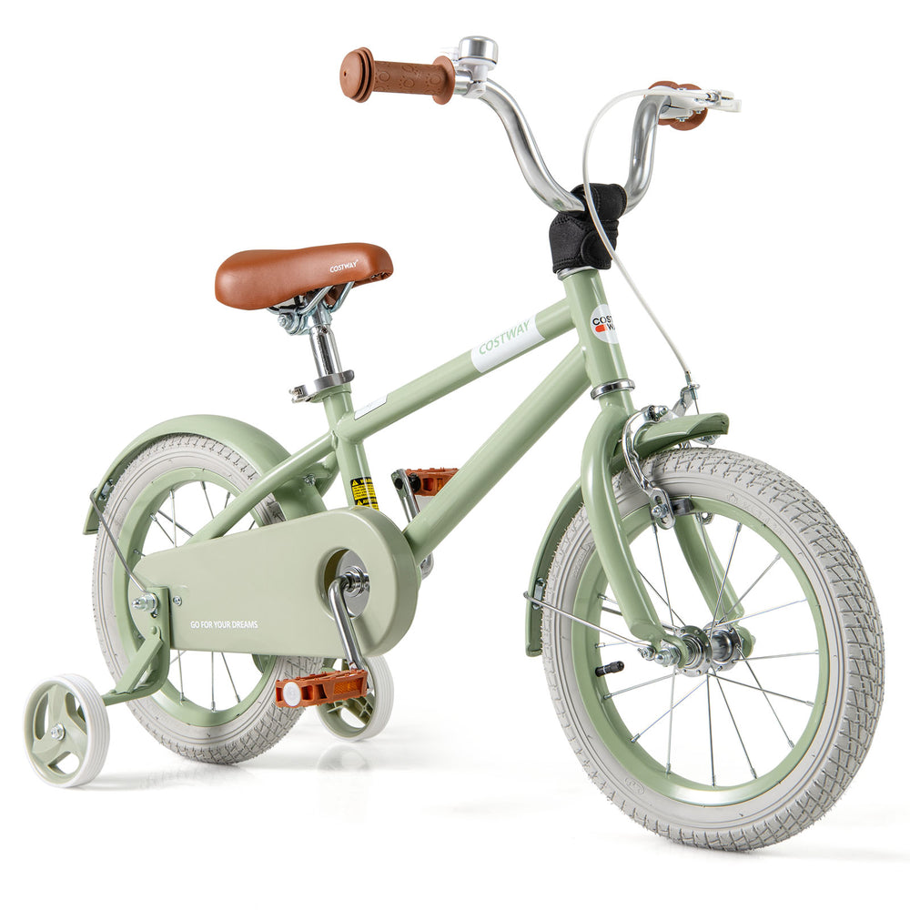 Kids bike in green with adjustable handlebar and saddle, featuring training wheels and a safe dual brake system.