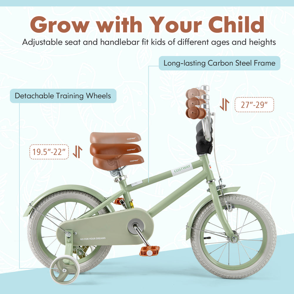 Kids bike with adjustable handlebar and saddle in green, featuring removable training wheels for safe riding.