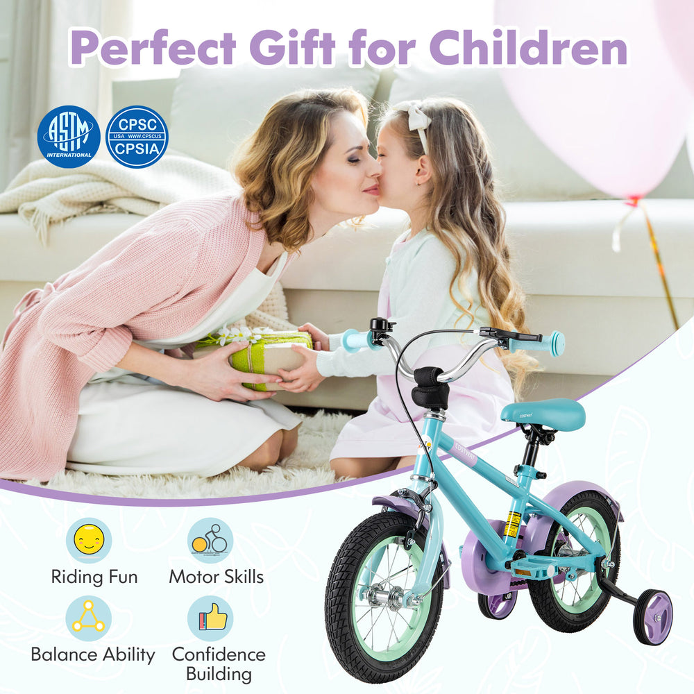 Kids bike with adjustable handlebar and saddle in purple, featuring training wheels for balance and safety for ages 3.