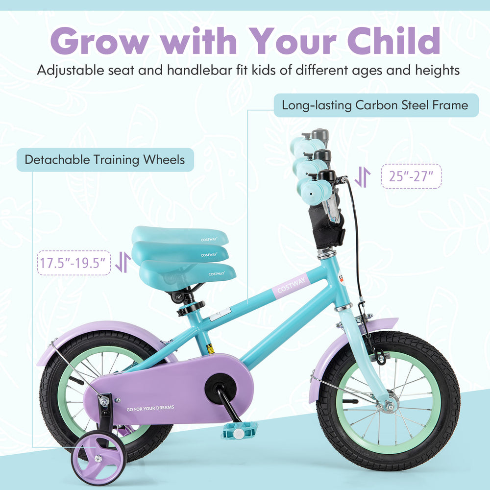 Kids bike with adjustable handlebar and seat in purple, featuring removable training wheels and a durable carbon steel.