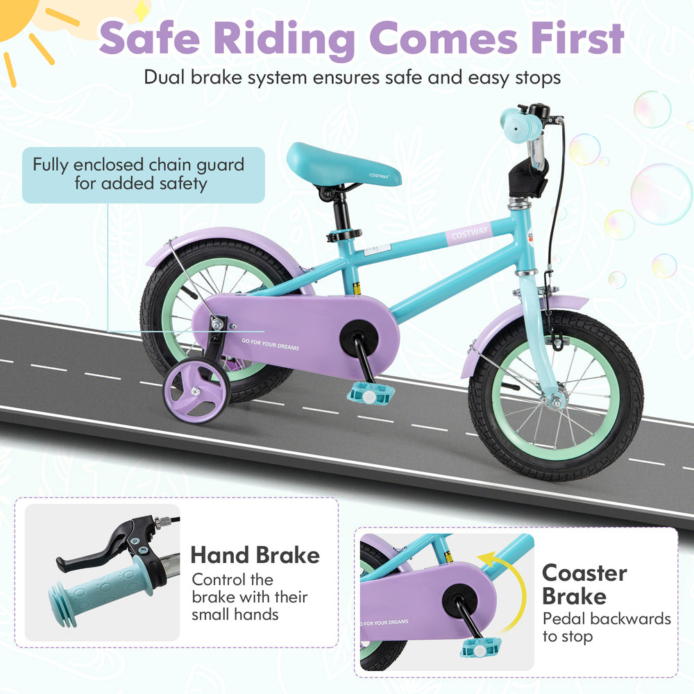 Kids bike with adjustable handlebar and saddle, featuring a fully enclosed chain guard and dual brake system for safety.