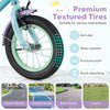 Kids bike with 12-inch premium textured tires, anti-puncture and shock-absorbing, suitable for various road surfaces.