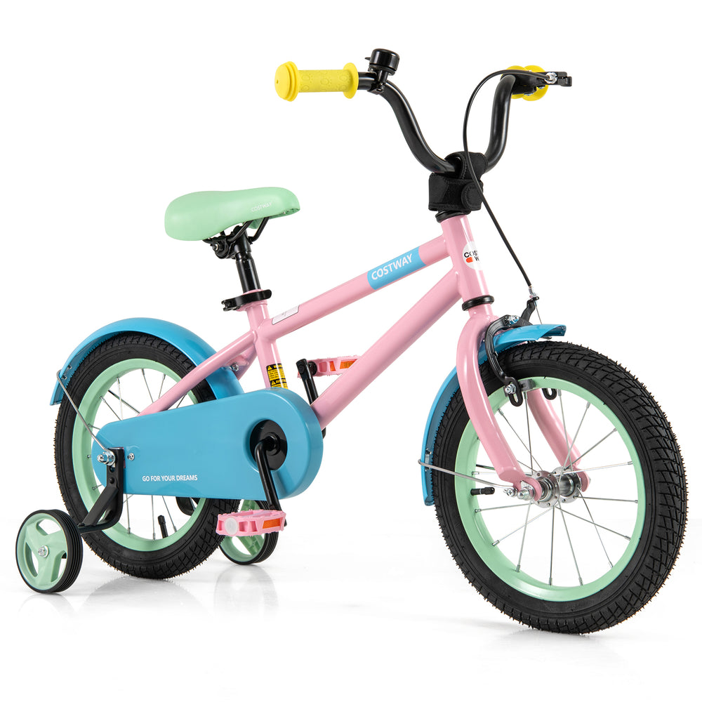 Kids bike in pink with adjustable handlebar, removable training wheels, and dual brake system for safe riding.