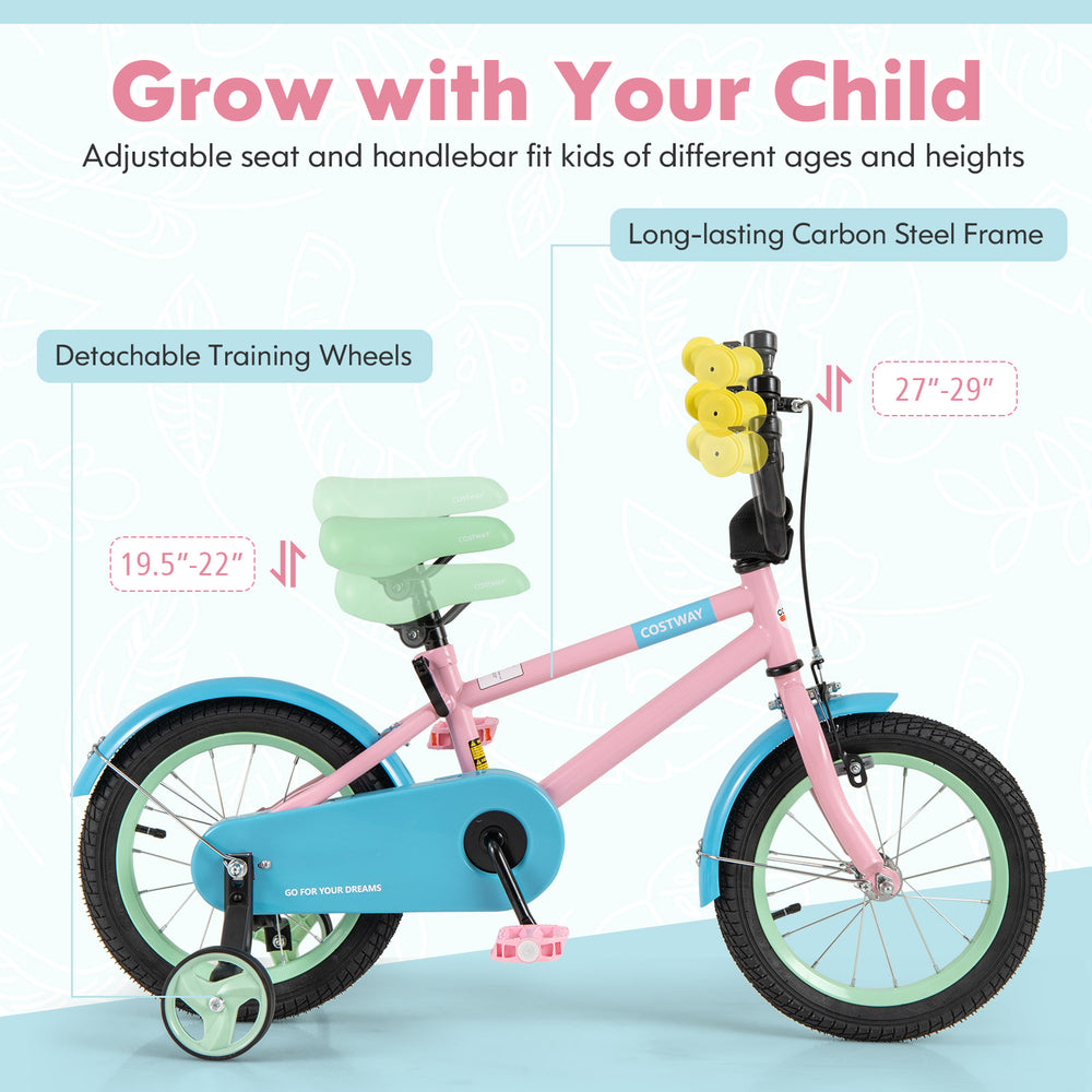 Kids bike with adjustable handlebar and seat in pink, featuring removable training wheels and a durable carbon steel.