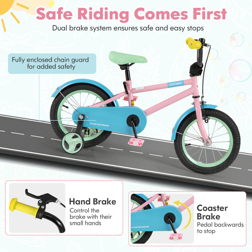 Kids bike in pink with adjustable handlebar, enclosed chain guard, and dual brake system for safe riding.