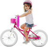 Kids bicycle with training wheels in pink, featuring a woven basket and adjustable seat, perfect for ages 6-8.