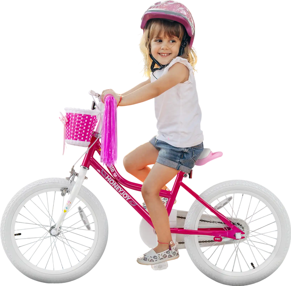 Kids bicycle with training wheels in pink, featuring a woven basket and adjustable seat, perfect for ages 6-8.