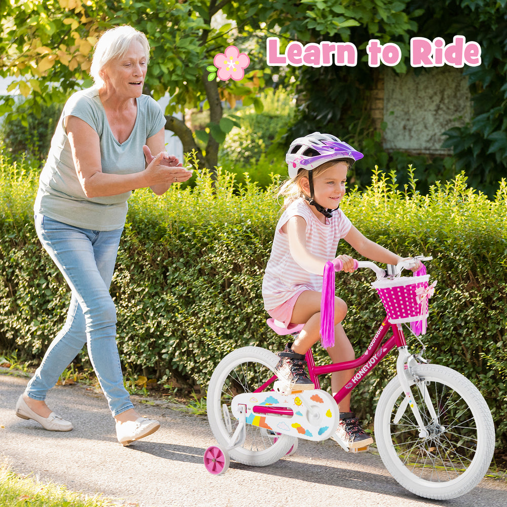 Kids bicycle with training wheels in pink, designed for ages 6-8, featuring a comfortable padded seat and safety.