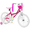 Kids bicycle with pink frame, training wheels, and woven basket, designed for 6-8 year olds for safe riding.