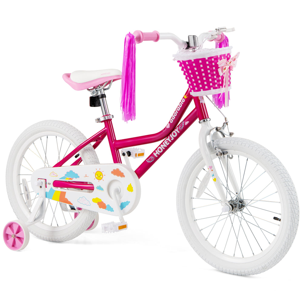 Kids bicycle with pink frame, training wheels, and woven basket, designed for 6-8 year olds for safe riding.