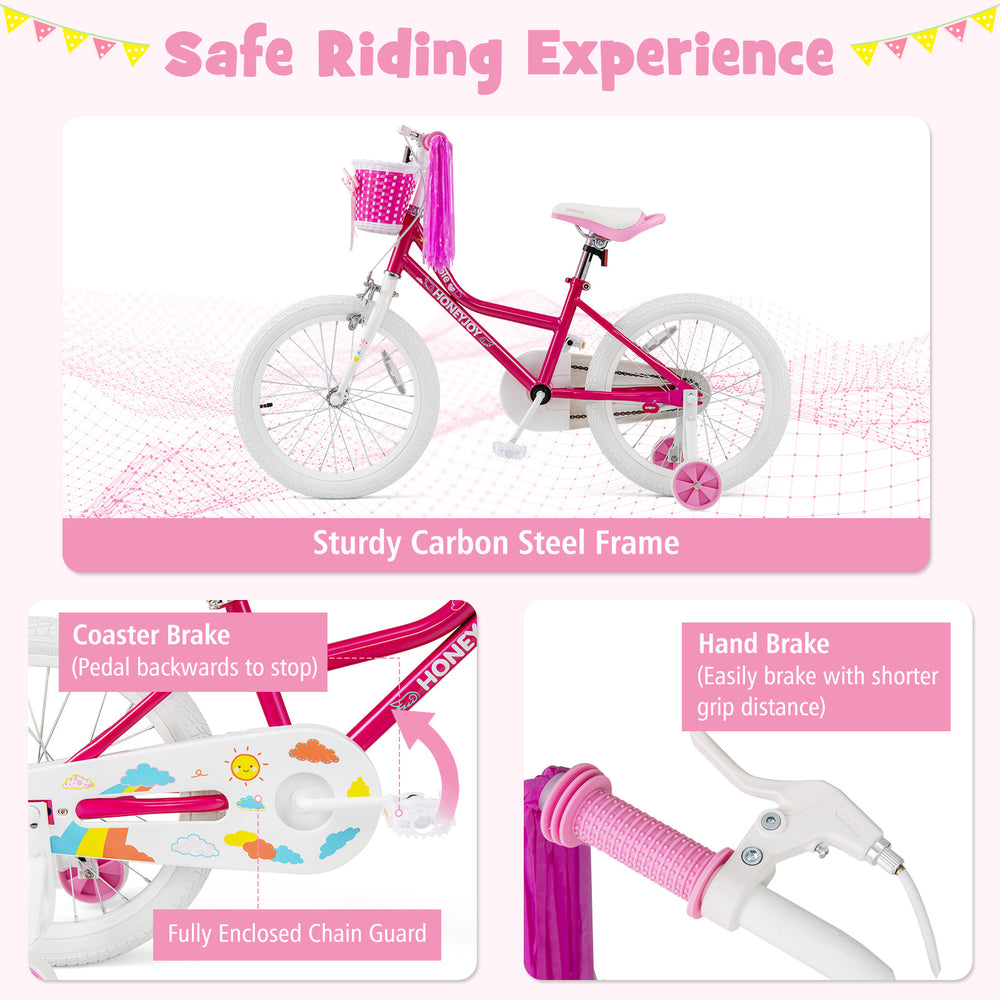 Kids bicycle with training wheels, pink carbon steel frame, enclosed chain guard, and coaster brake for safe riding.