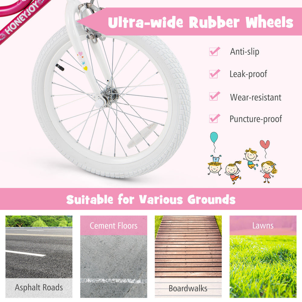 Ultra-wide rubber wheels of the pink kids bicycle, designed for durability and smooth riding on various grounds.
