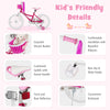 Kids bicycle with pink frame, adjustable seat, woven basket, training wheels, and non-slip pedals for safe riding.