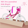 Kids bicycle with training wheels in pink, featuring a carbon steel frame, adjustable seat, and woven basket for snacks.