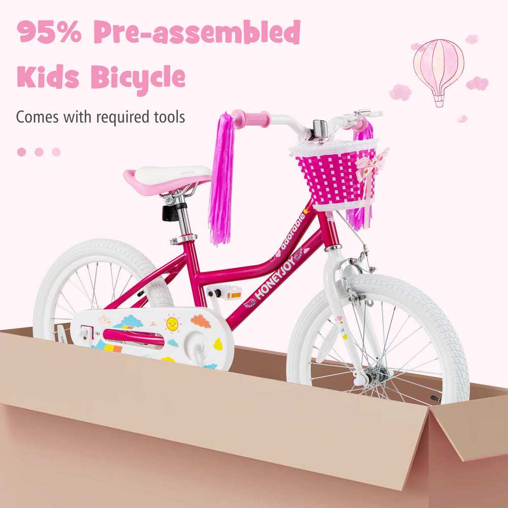 Kids bicycle with training wheels in pink, featuring a carbon steel frame, adjustable seat, and woven basket for snacks.