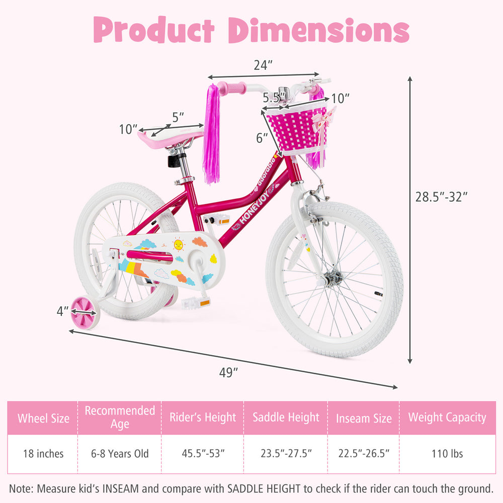 Kids bicycle dimensions chart showing adjustable seat height, recommended age, and weight capacity for safe riding.