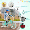16-inch kids bike in green with front basket, adjustable seat, carbon steel frame, and training wheels for safety.