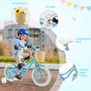 14-inch blue kids bike with training wheels, front basket, and adjustable seat for growing children. Ideal for outdoor.