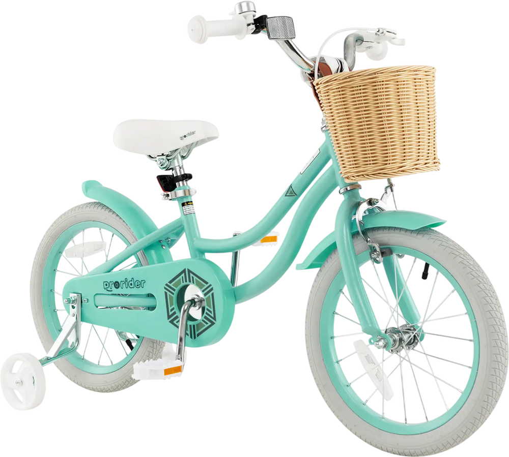 16-inch kids bike in green with training wheels, adjustable seat, and front basket for carrying toys and snacks.