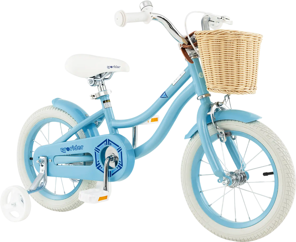 14-inch blue kids bike with training wheels, adjustable seat, and front basket for storage, perfect for outdoor fun.