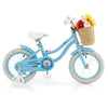 14-inch blue kids bike with training wheels, adjustable seat, and front basket for dolls and snacks, ideal for outdoor.