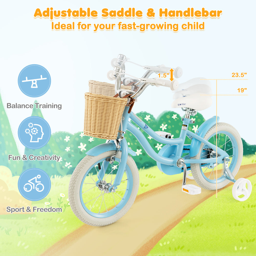 14-inch blue kids bike with adjustable seat and handlebar, front basket, ideal for balance training and outdoor fun.