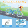 14-inch kids bike in blue with training wheels, hand brake, and front basket for carrying toys and snacks.