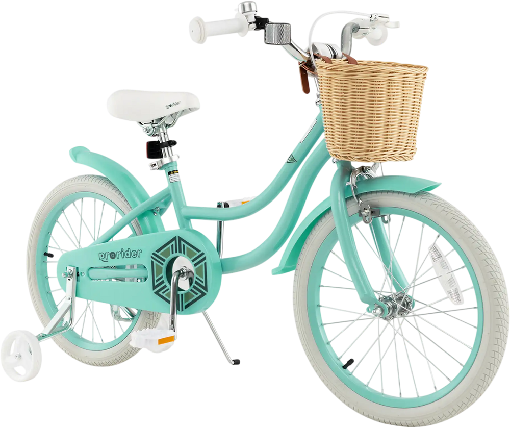 Kids bike with training wheels in green, featuring a front basket, adjustable seat, and durable carbon steel frame.