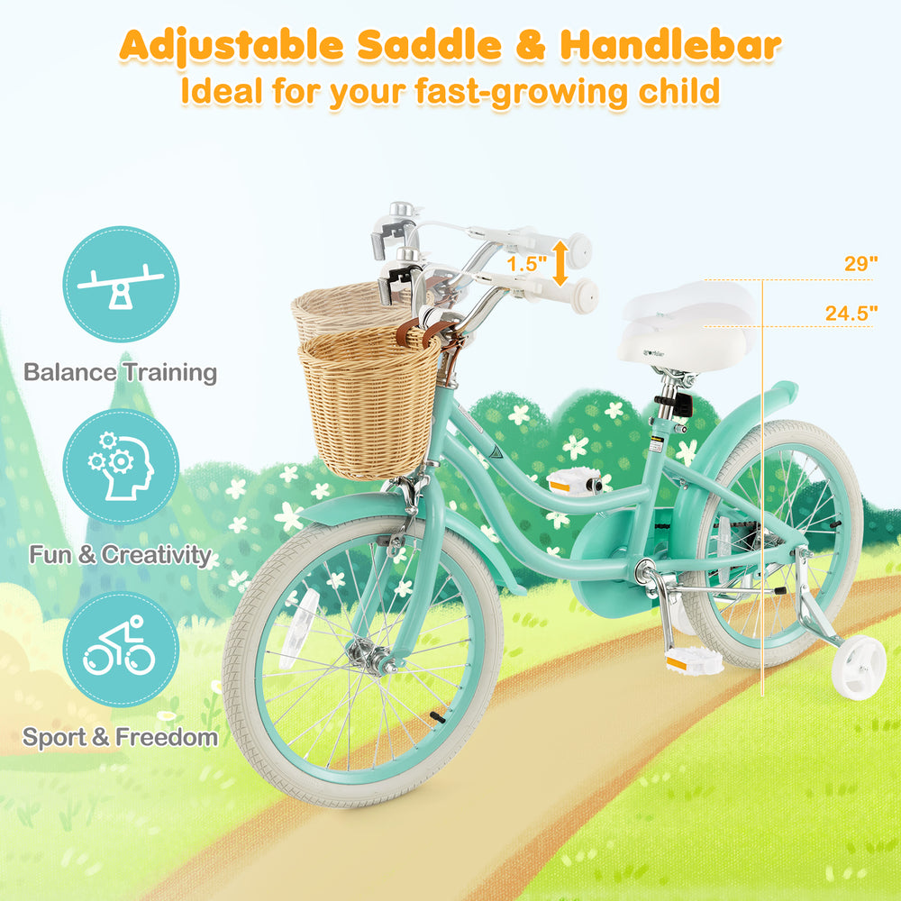 18-inch green kids bike with adjustable handlebar, training wheels, and front basket for balance training and fun.