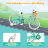 18-inch kids bike in green with training wheels, adjustable seat, hand brake, and front storage basket for fun rides.