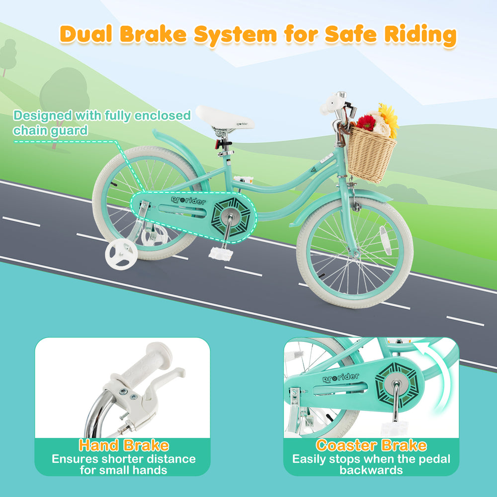 18-inch kids bike in green with training wheels, adjustable seat, hand brake, and front storage basket for fun rides.