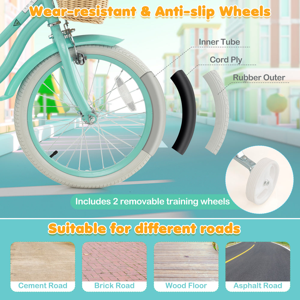 18-inch kids bike with training wheels, green, featuring durable rubber wheels for various road types and adjustable.