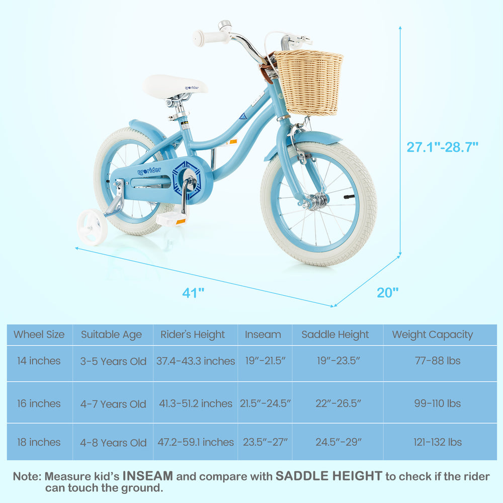 14-inch blue kids bike with training wheels, adjustable seat, and front basket for fun and balance training.