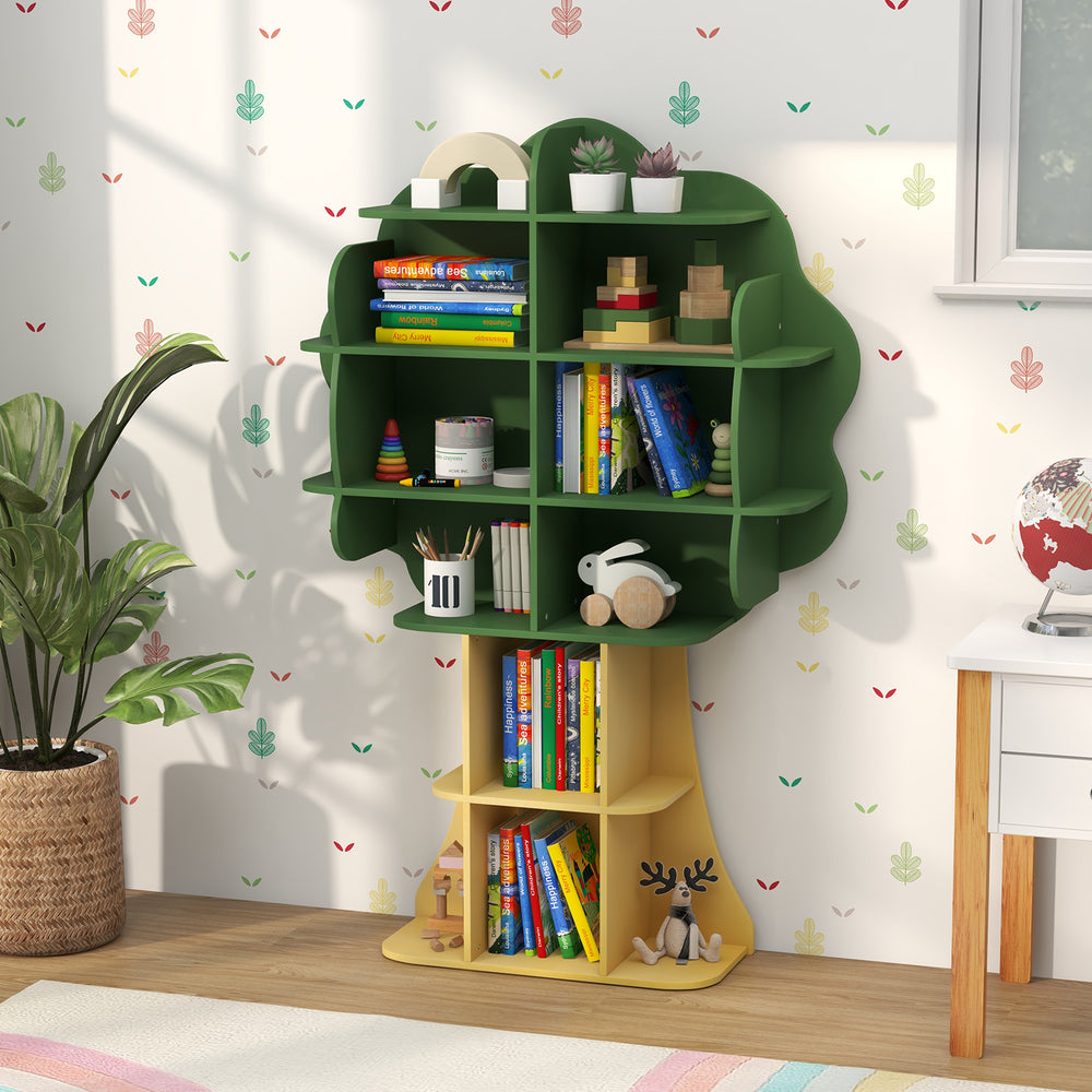 Tree-shaped green kids bookcase with open shelves for toy storage, suitable for ages 3 to 12, perfect for playrooms.