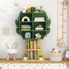 Green kids bookcase shelf organizer with open storage, featuring a tree design, perfect for tidy toy and book storage.