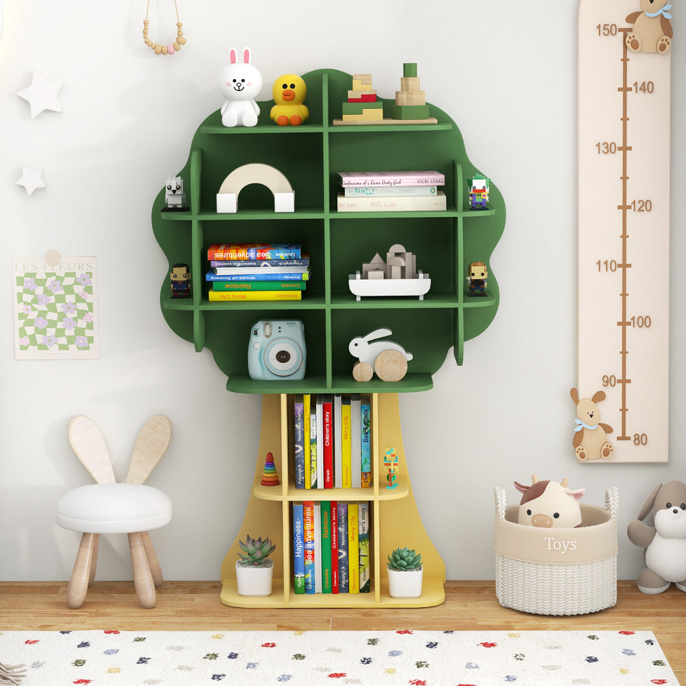 Green kids bookcase shelf organizer with open storage, featuring a tree design, perfect for tidy toy and book storage.