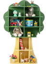 Green kids bookcase shelf toy storage organizer with open shelves, featuring a tree design for playful room decor.
