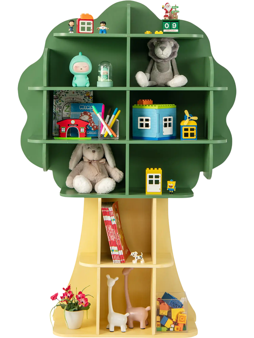 Green kids bookcase shelf toy storage organizer with open shelves, featuring a tree design for playful room decor.