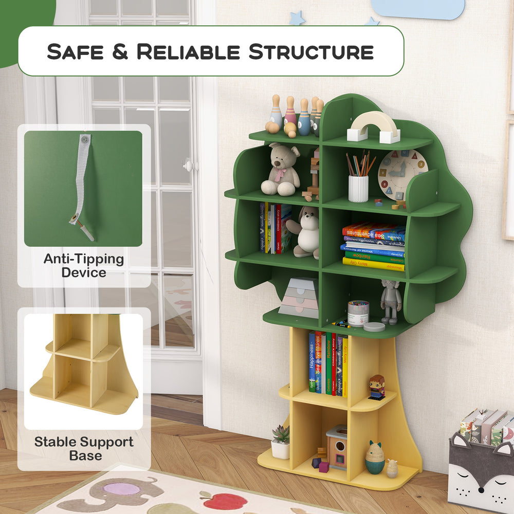 Green kids bookcase shelf with tree design, featuring open storage shelves and anti-tipping device for safety.