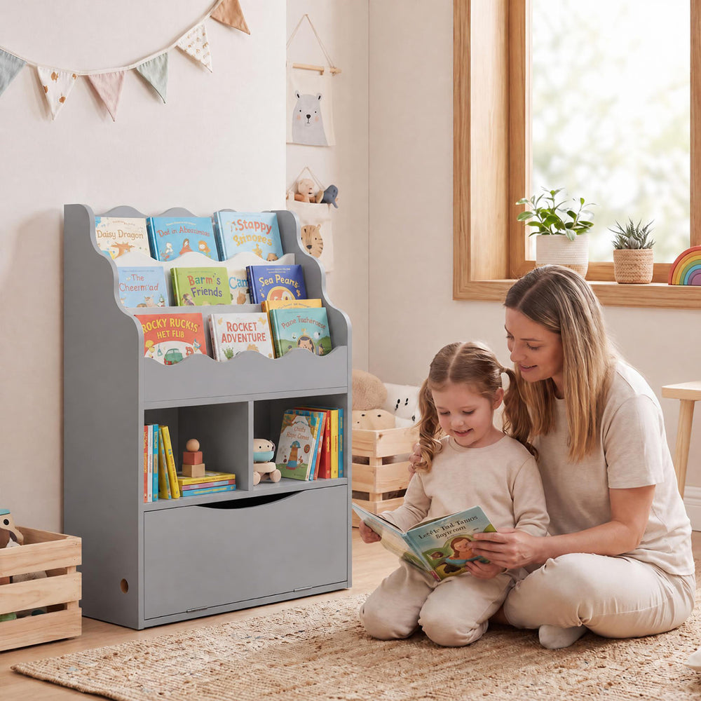Kids Bookcase with 3-Tier Sling Bookshelf with Shelves Open Cubes and Flip Down Cabinet-Gray - Gallery View 1 of 11