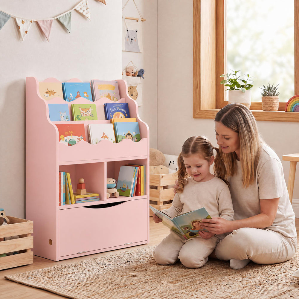 Kids Bookcase with 3-Tier Sling Bookshelf with Shelves Open Cubes and Flip Down Cabinet-Pink - Gallery View 1 of 11