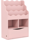 Pink kids bookcase combines 3-tier shelves and open cubes with a flip-down cabinet, enhancing organization and charm in children's spaces.