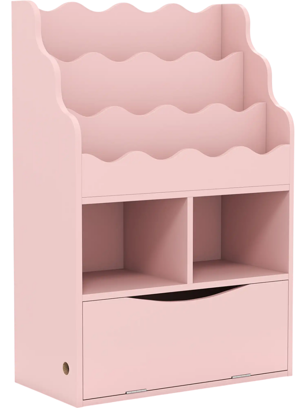 Pink kids bookcase combines 3-tier shelves and open cubes with a flip-down cabinet, enhancing organization and charm in children's spaces.