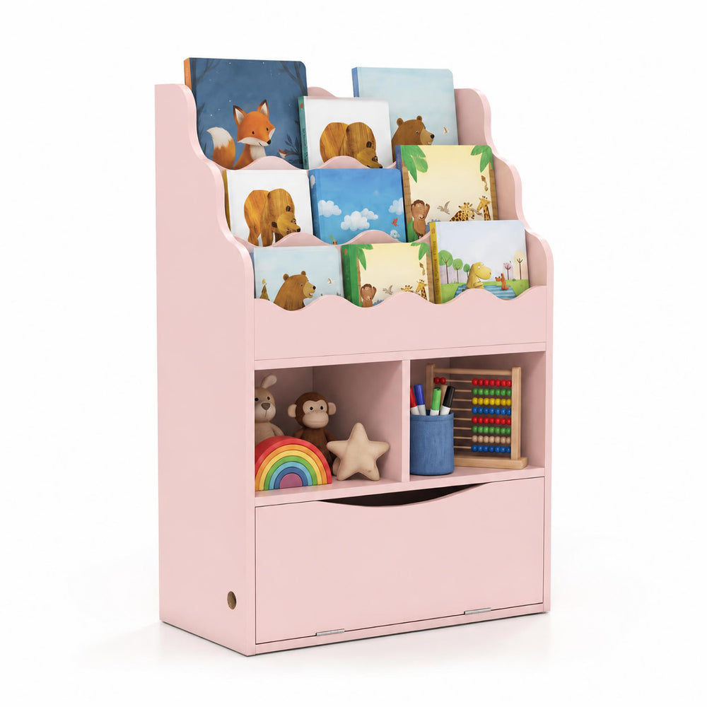 Pink kids bookcase with smooth surfaces and anti-slip foot pads, ensuring stability and easy cleaning for children's rooms.
