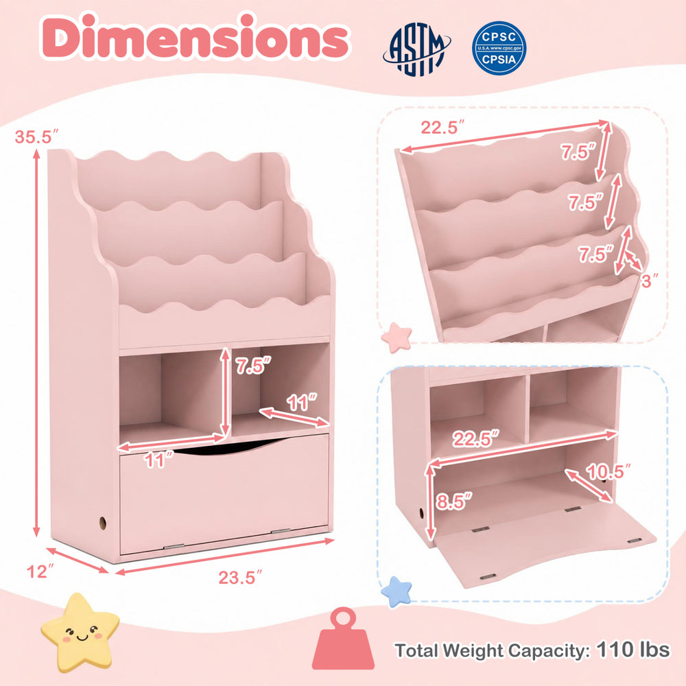 Dimensions of the pink kids bookcase showing height and width, designed for easy organization and accessibility in children's rooms.
